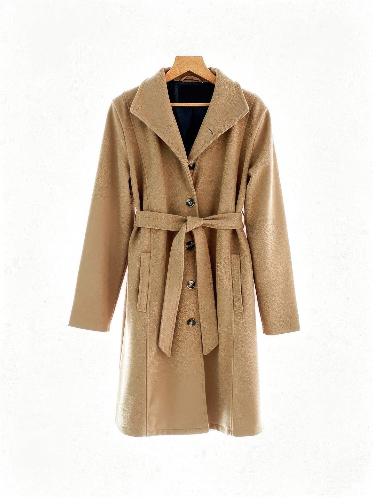 Camel overcoat in Caramel, front view on a hanger showing the wide turn down collar