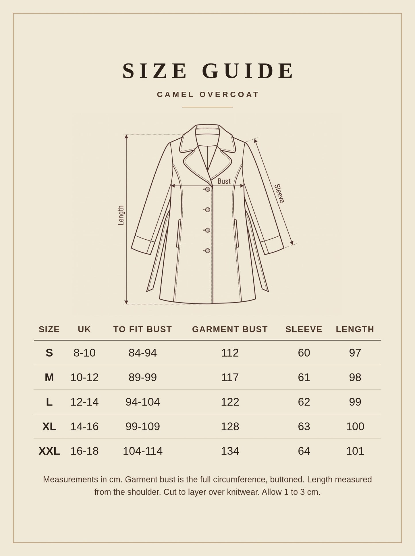 Camel overcoat size guide, sizes S to XXL in centimetres