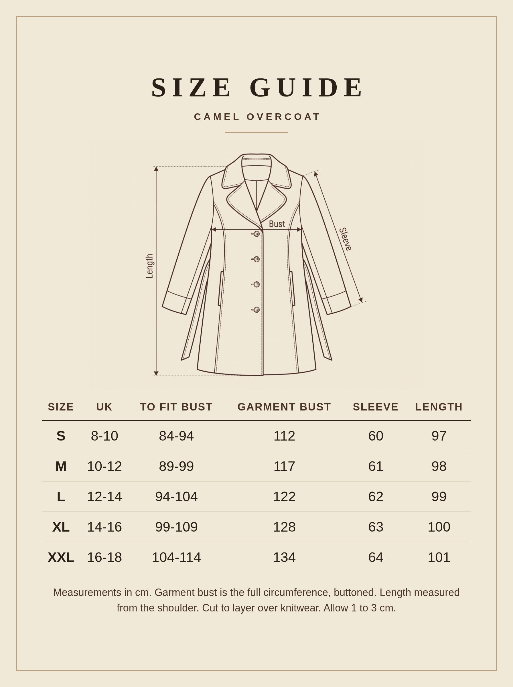 Camel overcoat size guide, sizes S to XXL in centimetres