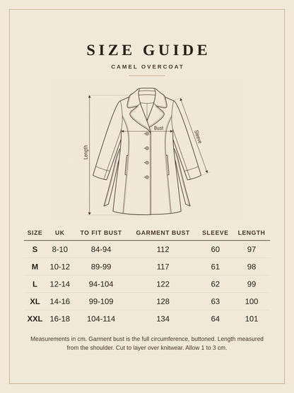 Camel overcoat size guide, sizes S to XXL in centimetres