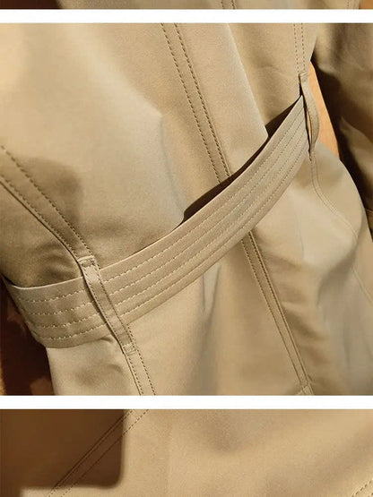 Camel trench coat tie belt and buckle detail