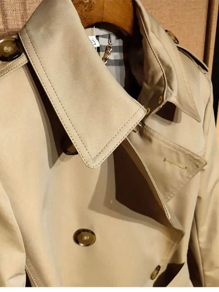 Camel trench coat collar, epaulette and gun flap detail