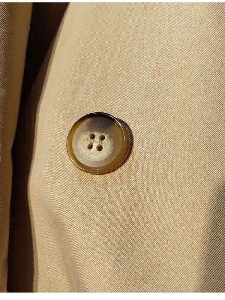 Camel trench coat gabardine and horn button detail