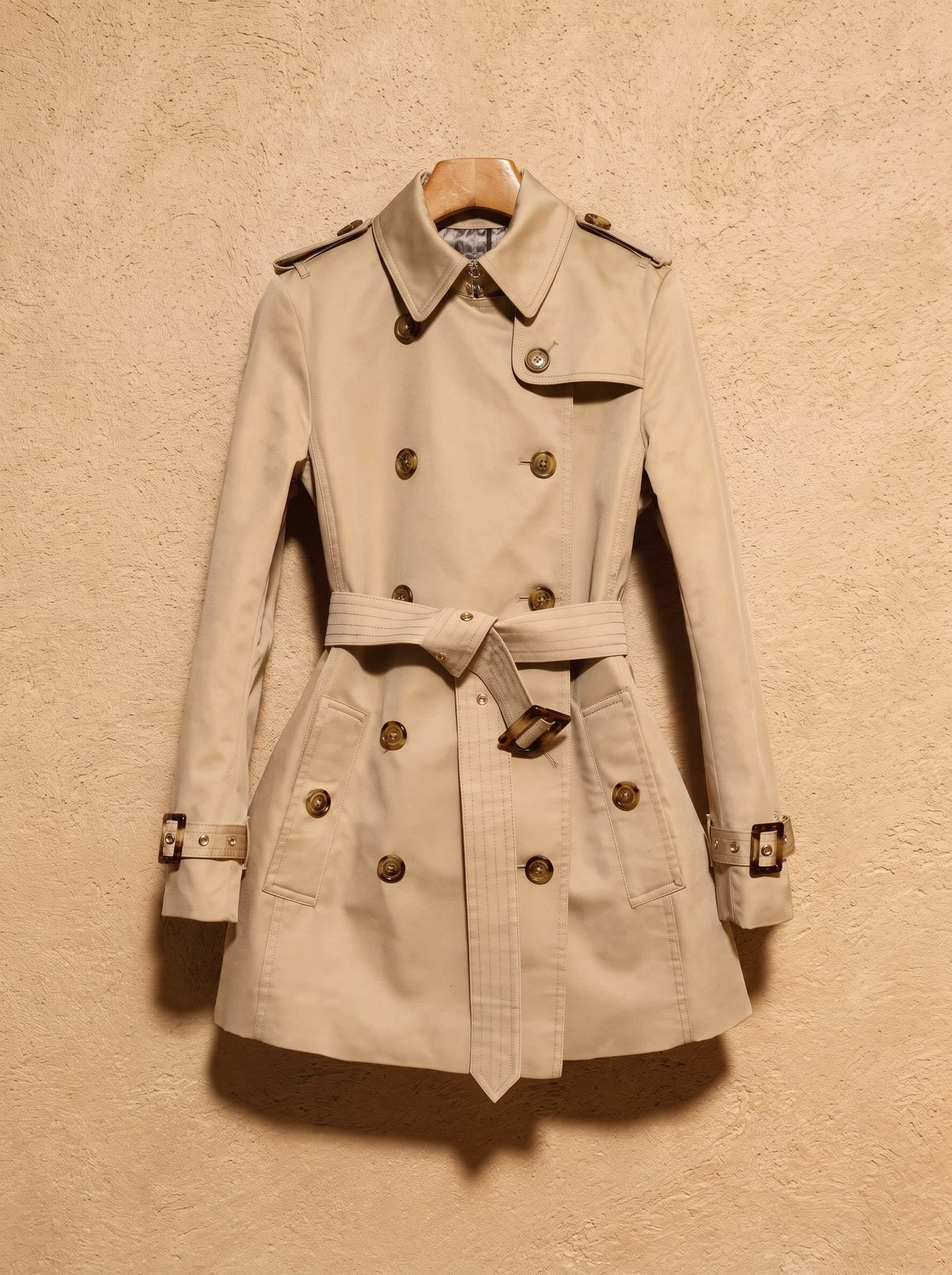 Camel double-breasted belted trench coat packshot