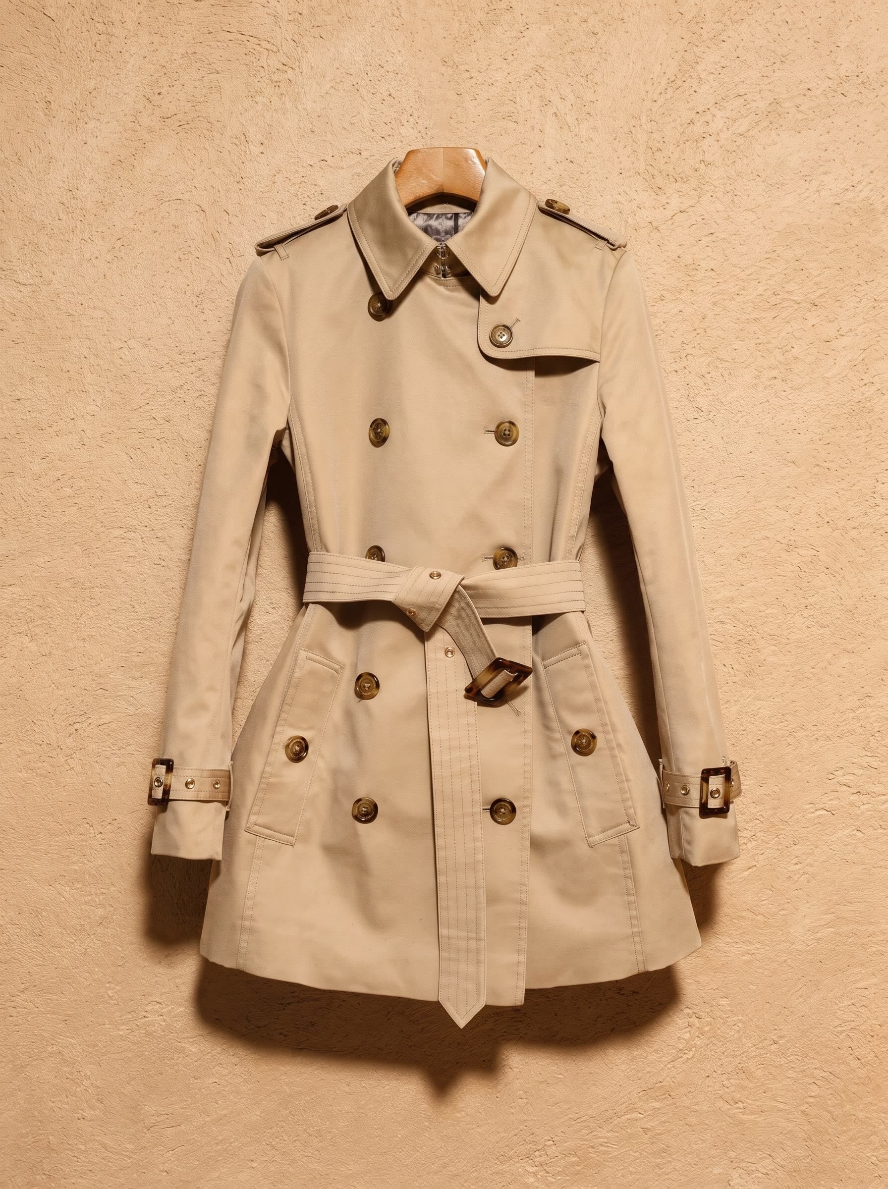 Camel double-breasted belted trench coat packshot