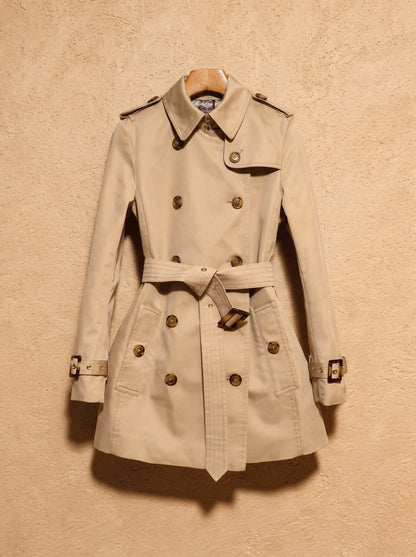 Camel double-breasted belted trench coat packshot