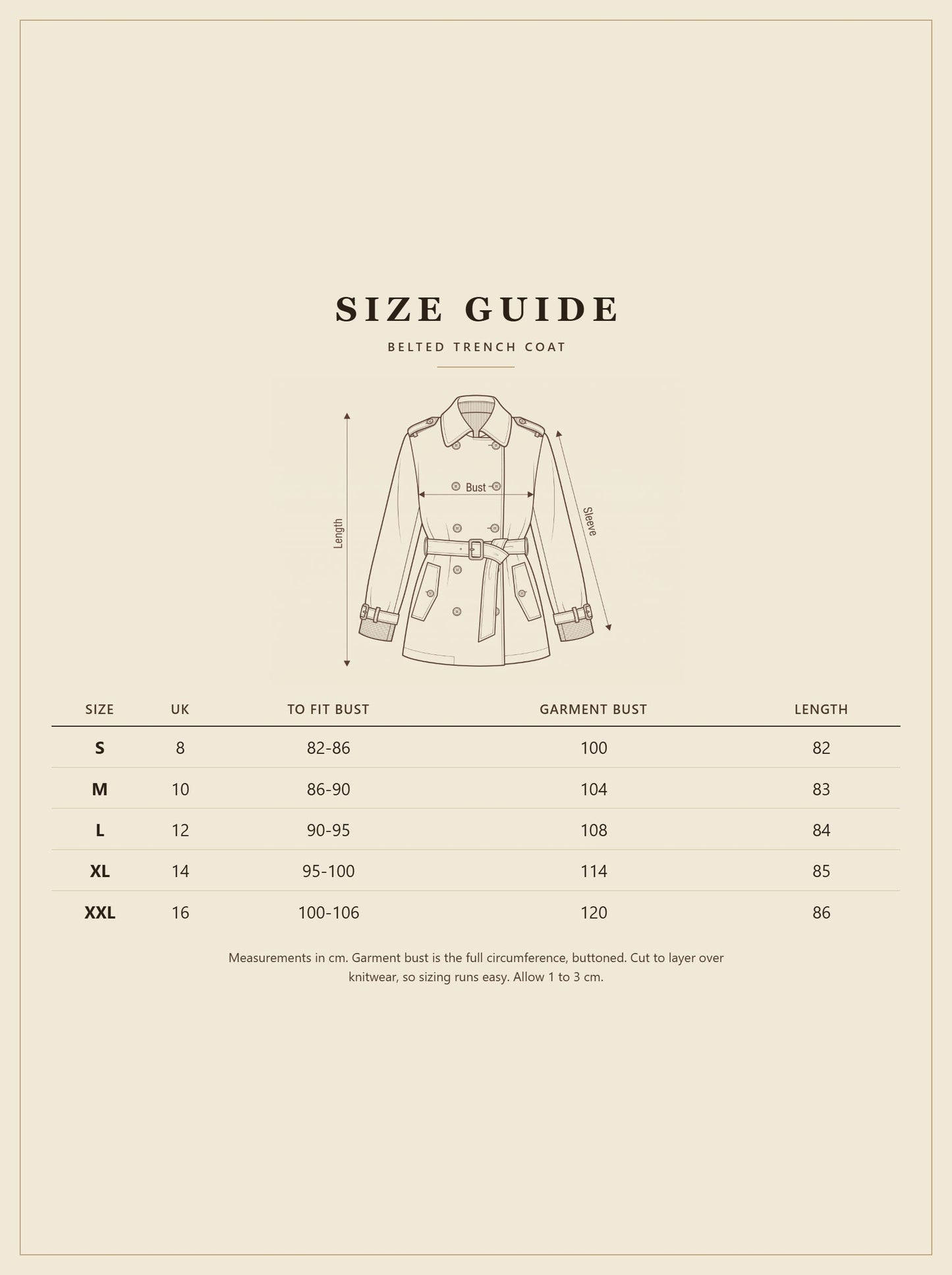 Belted trench coat size guide in centimetres