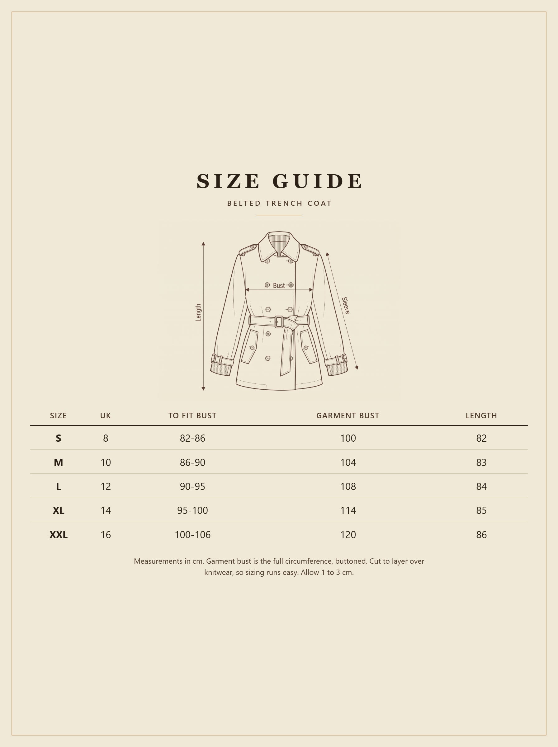 Belted trench coat size guide in centimetres