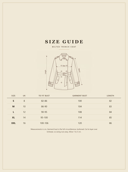 Belted trench coat size guide in centimetres