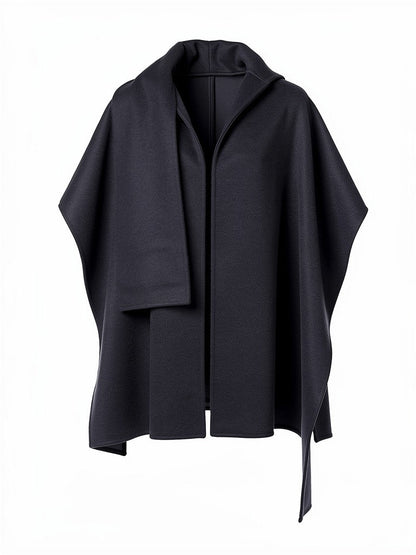 Open-front cape coat in Ensign navy, showing the standing scarf collar and the hanging front panel