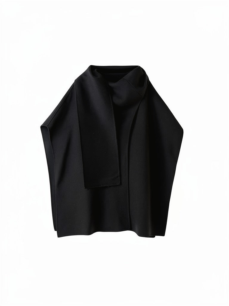 Open-front cape coat in Pitch black, showing the standing scarf collar and the hanging front panel
