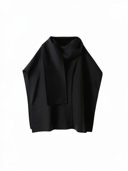 Open-front cape coat in Pitch black, showing the standing scarf collar and the hanging front panel
