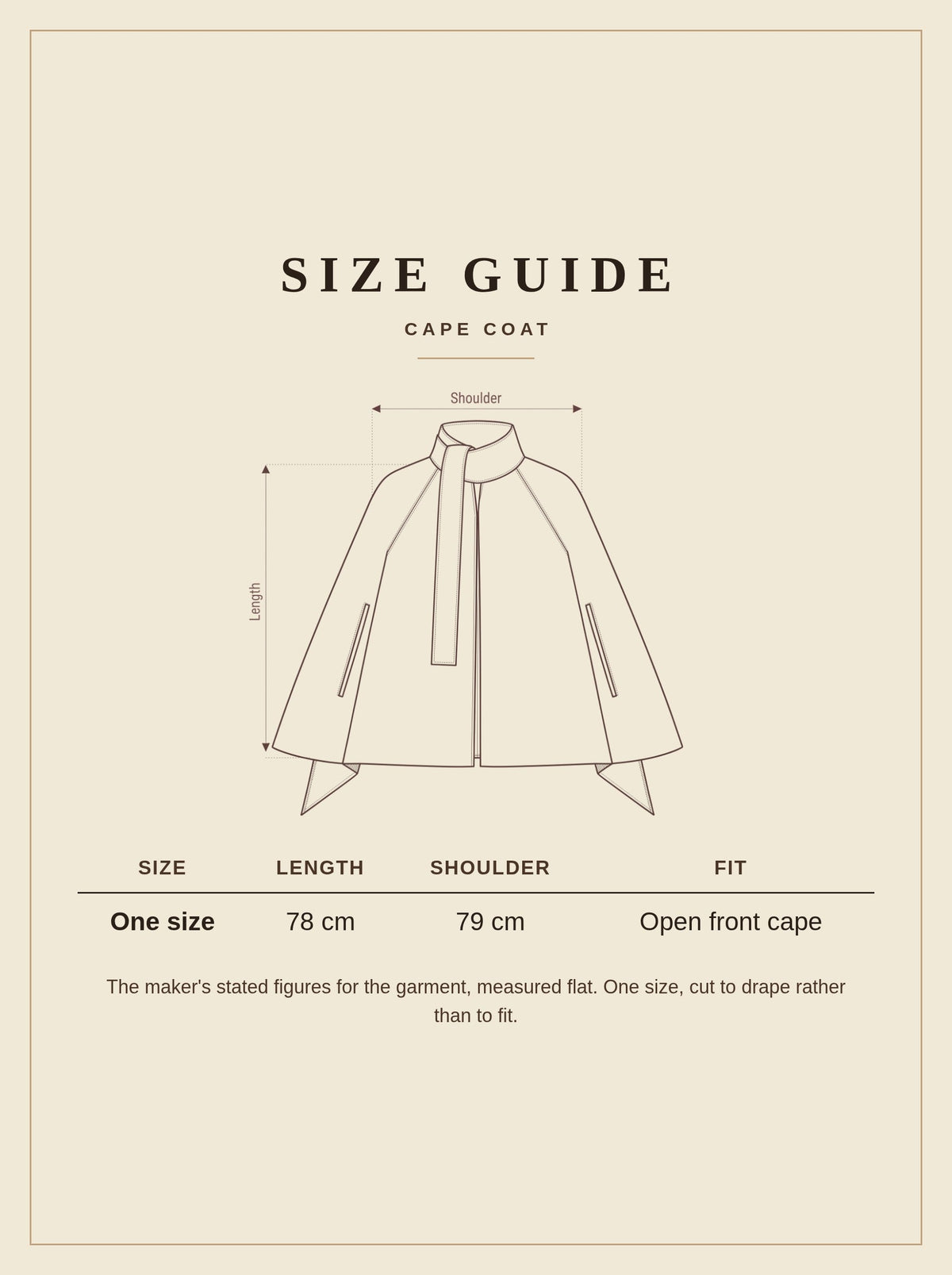 Size guide for the Rissington cape coat, one size, 78 cm long with a 79 cm shoulder span