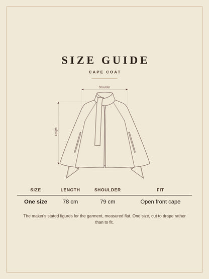 Size guide for the Rissington cape coat, one size, 78 cm long with a 79 cm shoulder span