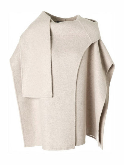 Open-front cape coat in Tussock, showing the standing scarf collar and the hanging front panel