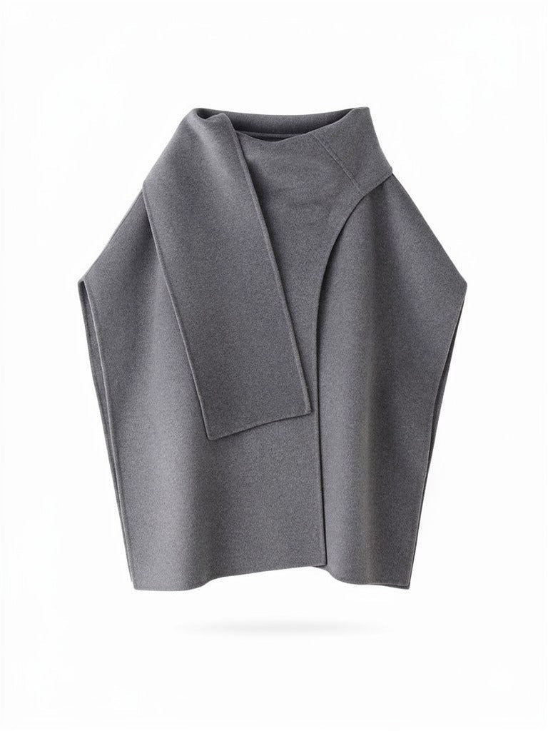 Open-front cape coat in Zinc grey, showing the standing scarf collar and the hanging front panel