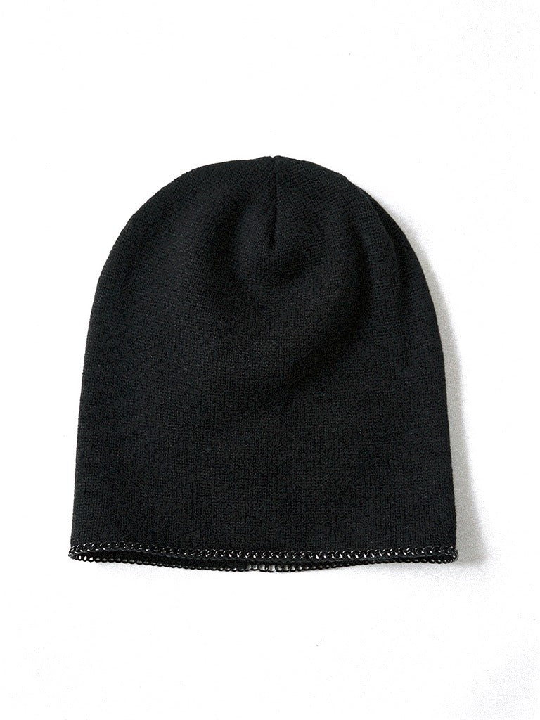 Black cashmere beanie in Coal, front view, plain knit with no ribbed band