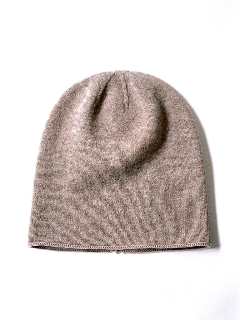 Taupe cashmere beanie in Doeskin, front view, plain knit with no ribbed band
