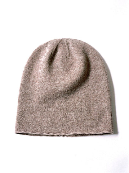 Taupe cashmere beanie in Doeskin, front view, plain knit with no ribbed band