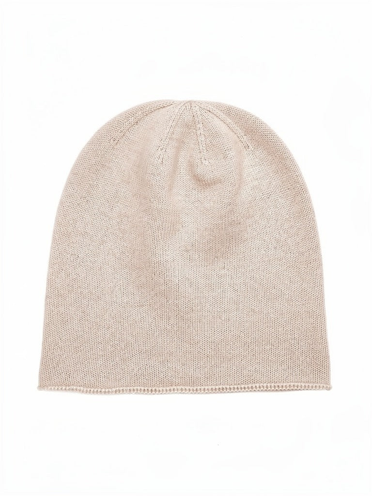 Sand beige cashmere beanie in Malt, front view, plain knit with no ribbed band