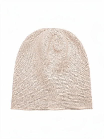 Sand beige cashmere beanie in Malt, front view, plain knit with no ribbed band
