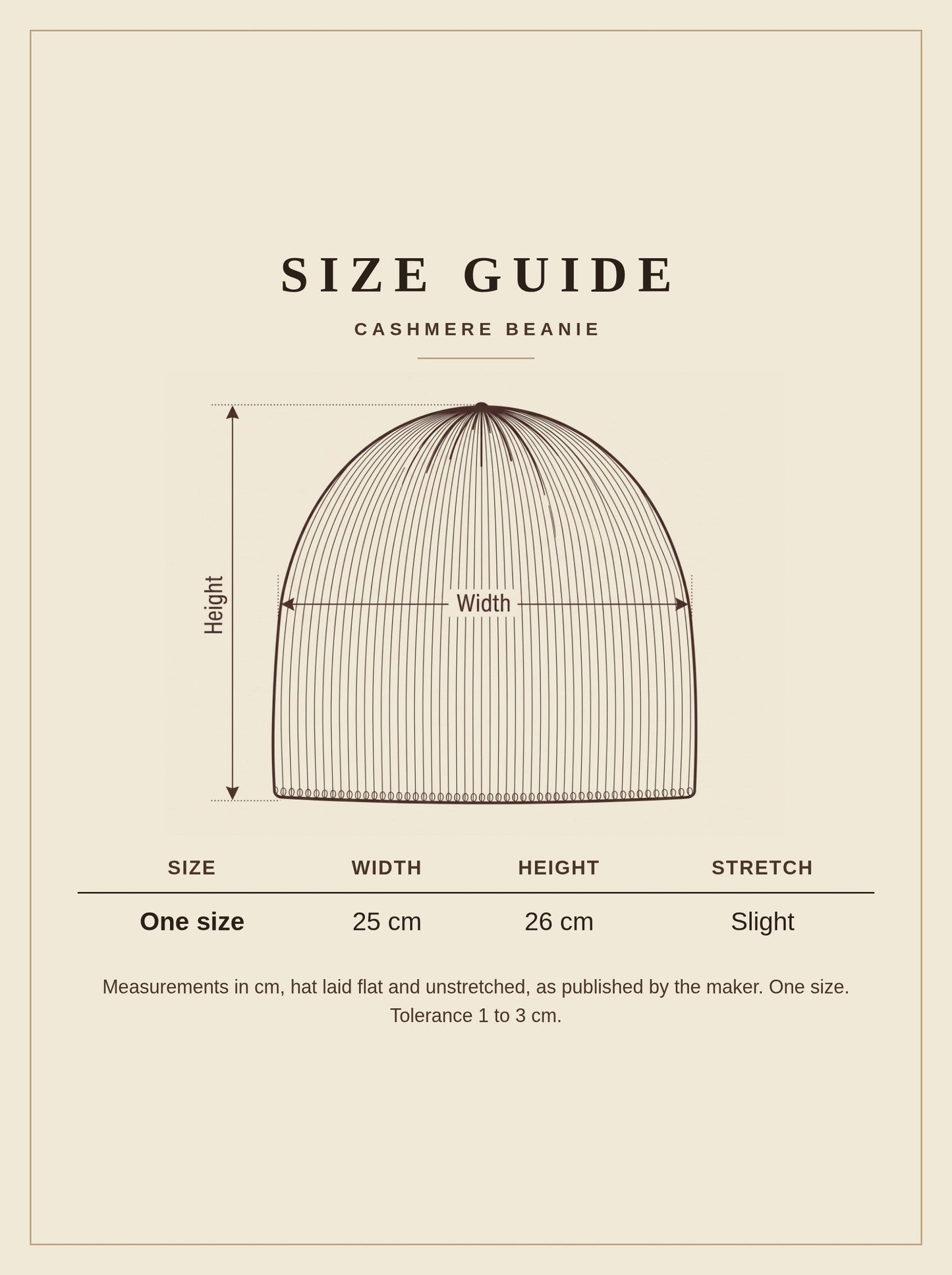 Cashmere beanie size guide, one size, 25 cm wide and 26 cm high laid flat
