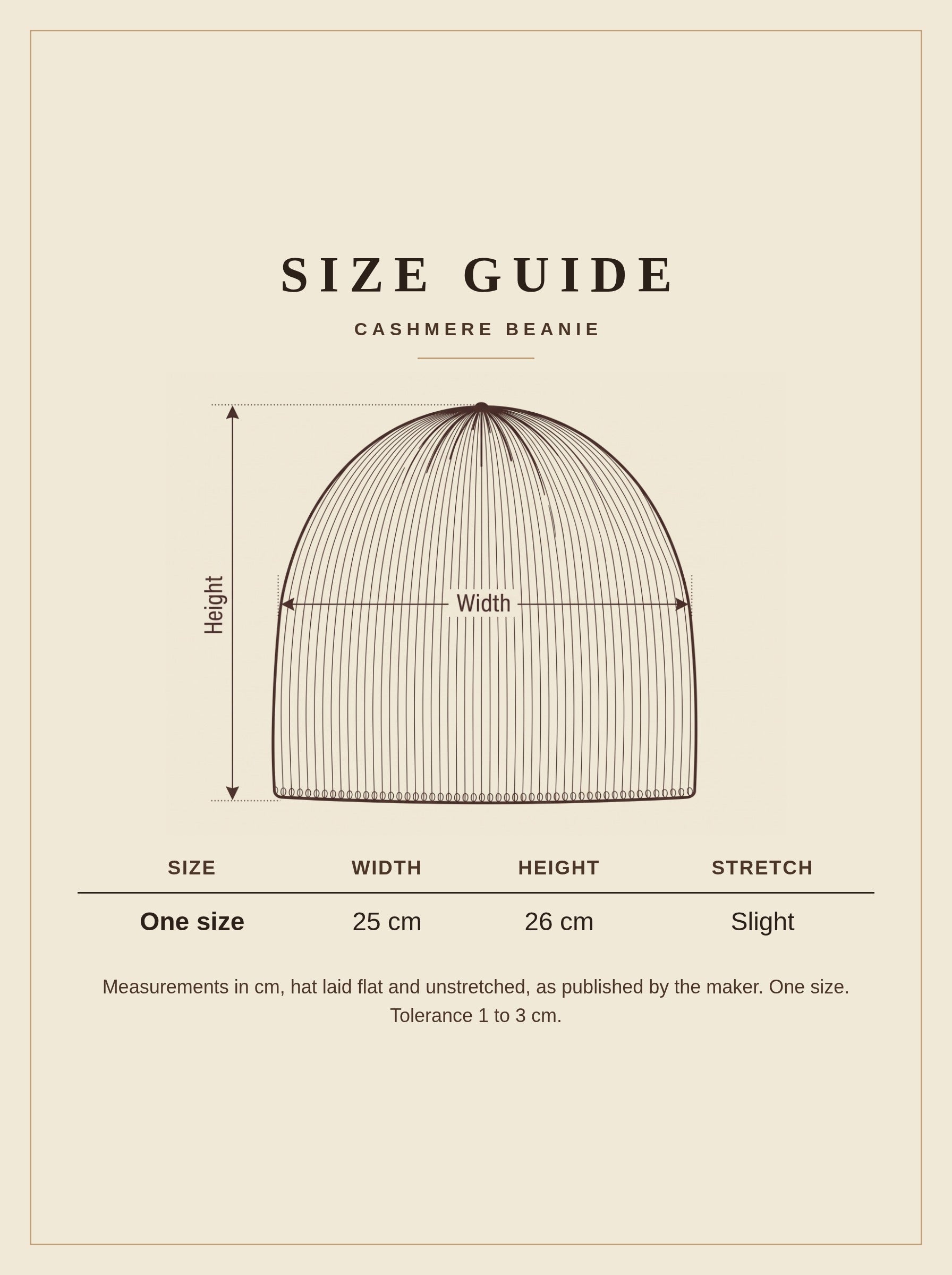 Cashmere beanie size guide, one size, 25 cm wide and 26 cm high laid flat