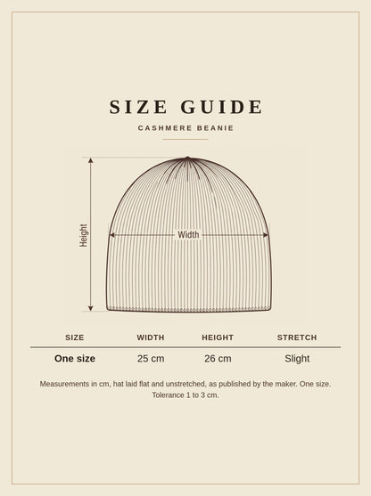 Cashmere beanie size guide, one size, 25 cm wide and 26 cm high laid flat