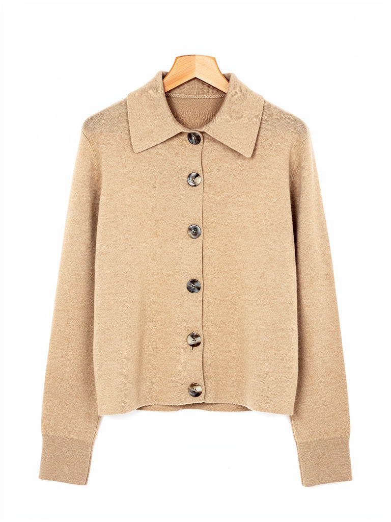 Cashmere cardigan in Fawn on a hanger, knitted shirt collar and ribbed cuffs