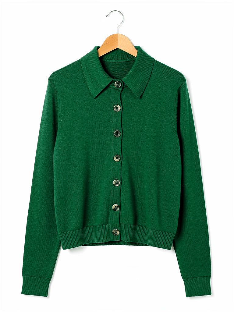 Cashmere cardigan in Racing Green on a hanger, knitted shirt collar and seven button front