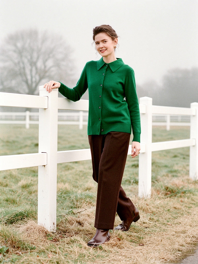 Womens cashmere cardigan in Racing Green worn buttoned beside white paddock fencing