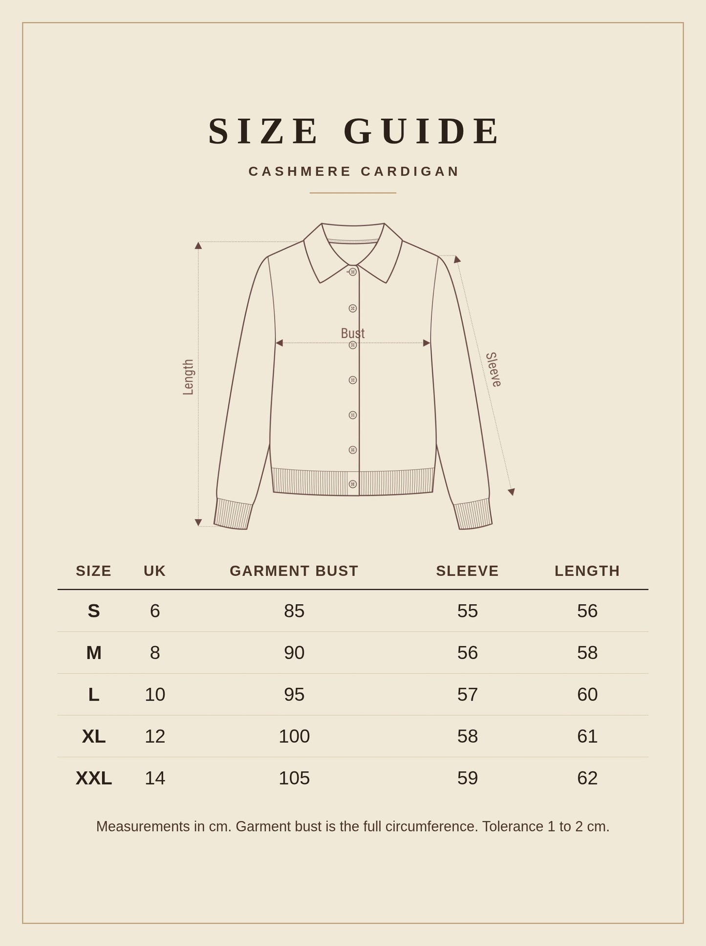 Size guide for the Somerby cashmere cardigan, UK 6 to UK 14