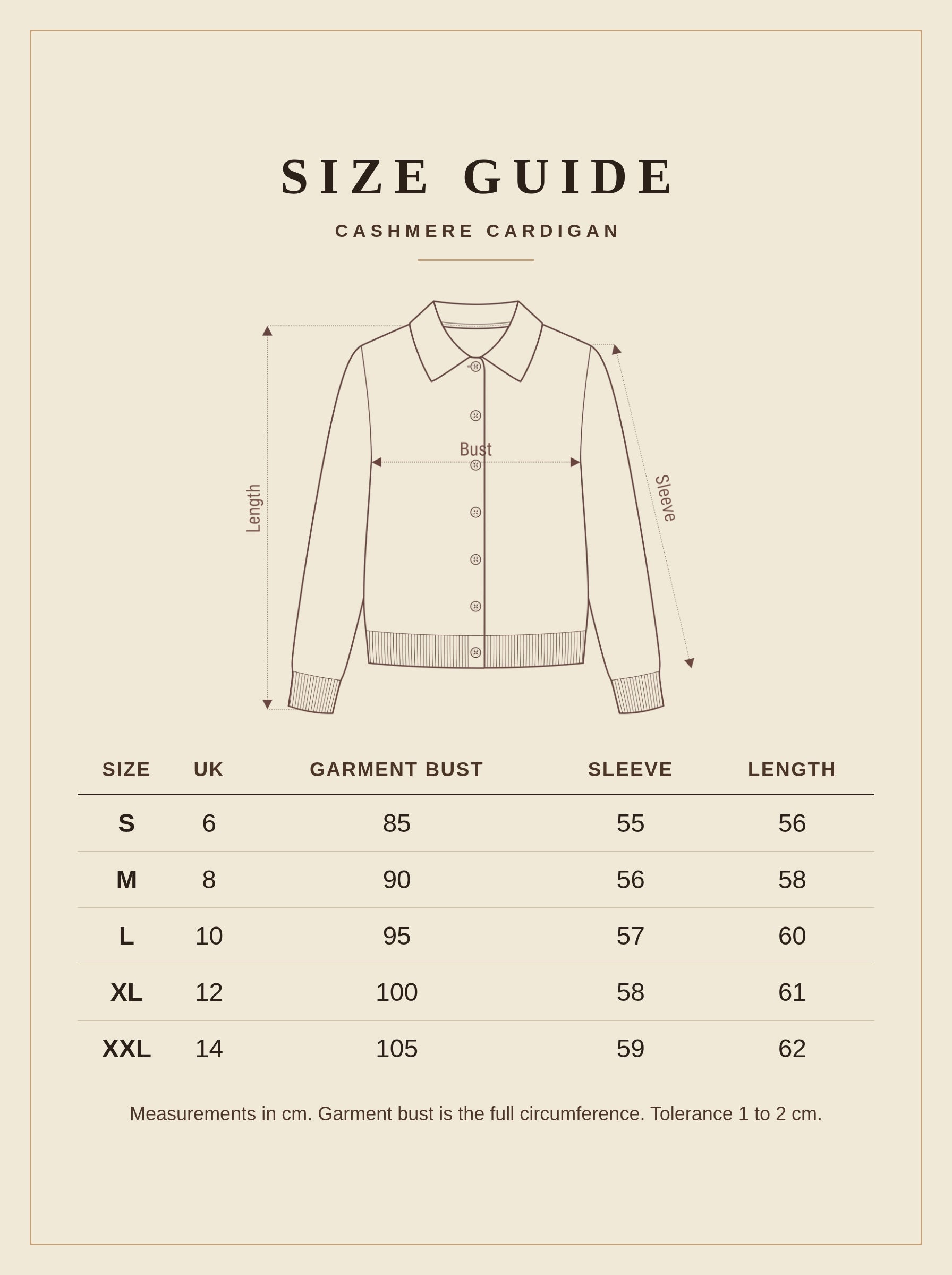 Size guide for the Somerby cashmere cardigan, UK 6 to UK 14