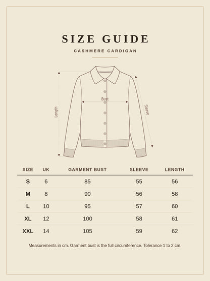 Size guide for the Somerby cashmere cardigan, UK 6 to UK 14