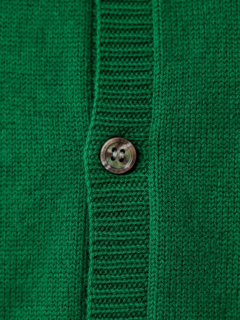 Close-up of the fine wool and cashmere knit and horn button of the cardigan