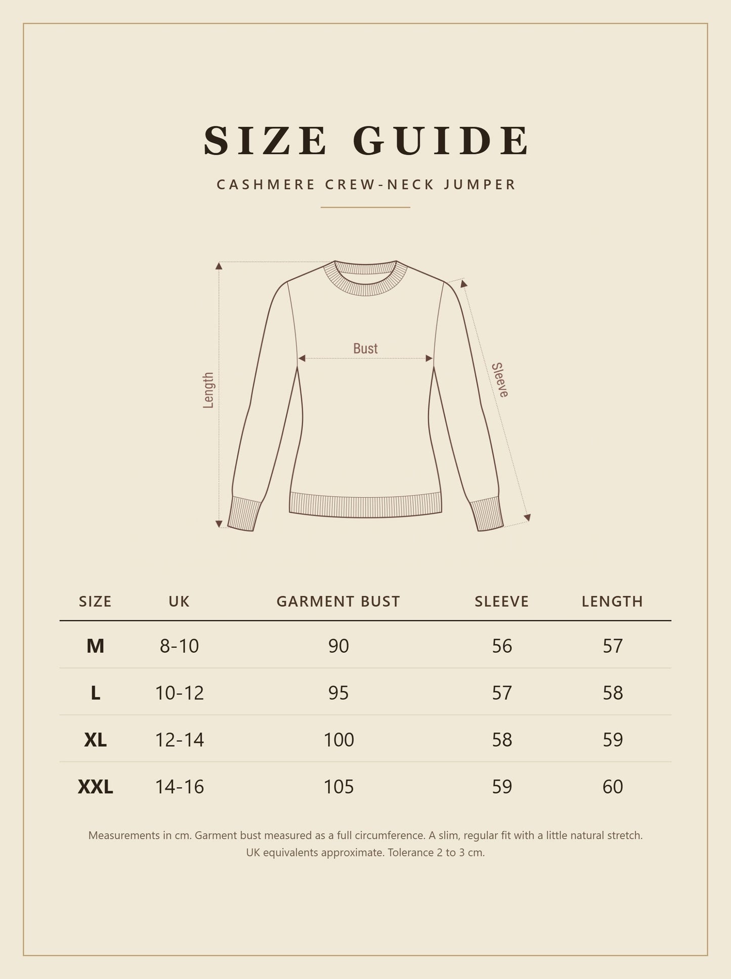 Size guide for the womens cashmere crew-neck jumper with measurements in cm