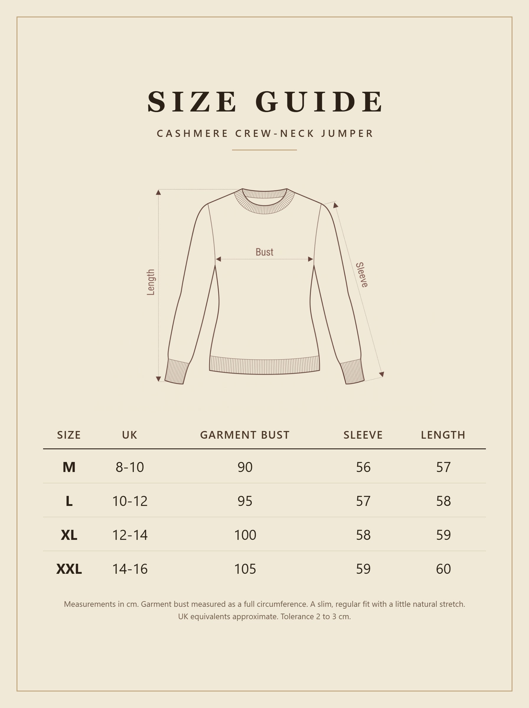 Size guide for the womens cashmere crew-neck jumper with measurements in cm