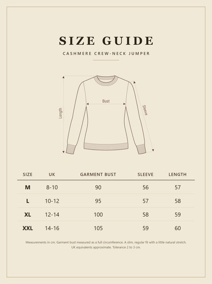 Size guide for the womens cashmere crew-neck jumper with measurements in cm
