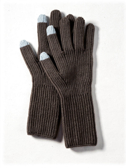 Cashmere gloves in Loam, a dark chocolate brown, shown as a pair with the grey touchscreen tips