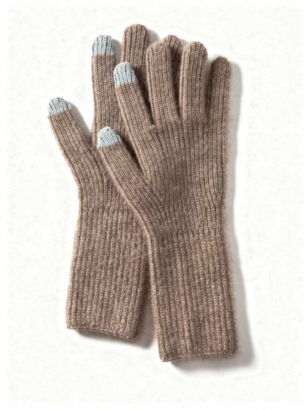 Cashmere gloves in Partridge taupe, the pair laid flat showing the fine rib knit and the long cuffs