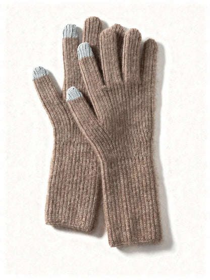 Cashmere gloves in Partridge taupe, the pair laid flat showing the fine rib knit and the long cuffs