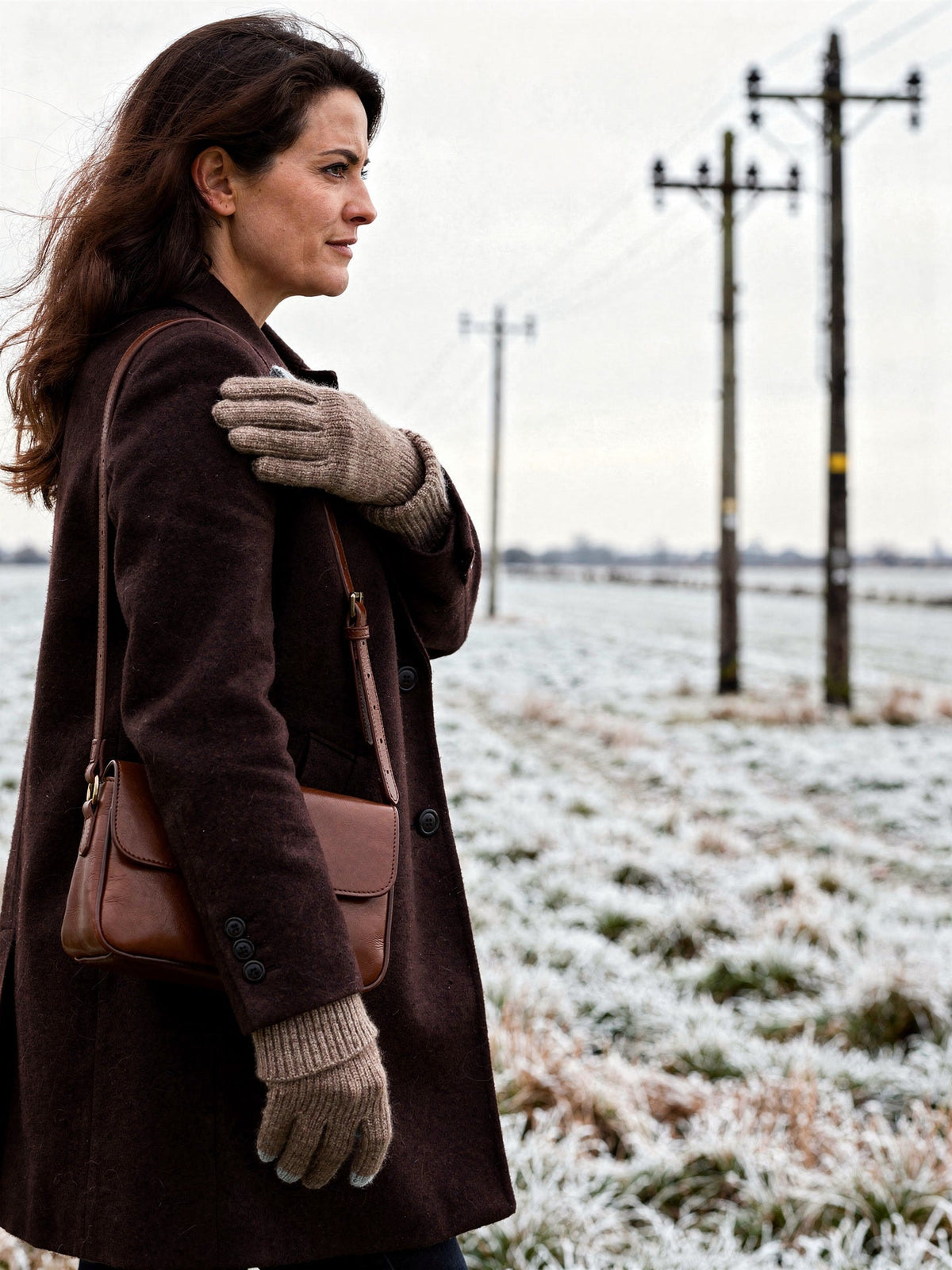 The Partridge cashmere gloves worn on a frosted winter field, seen in profile with the ribbed cuff over the coat sleeve