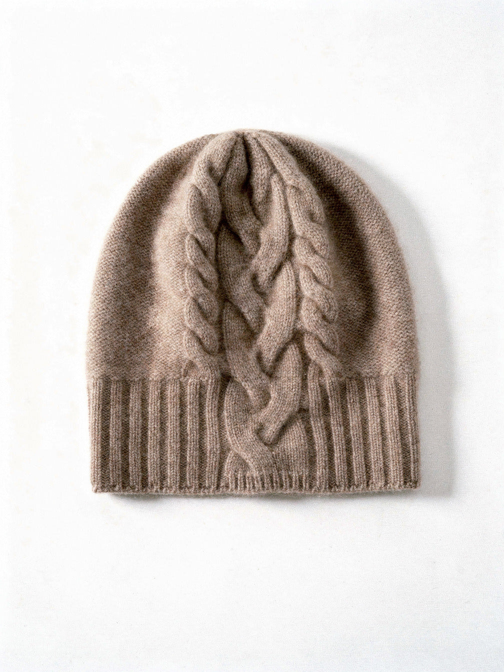 Mushroom cashmere hat with a plaited cable panel and fine ribbed band