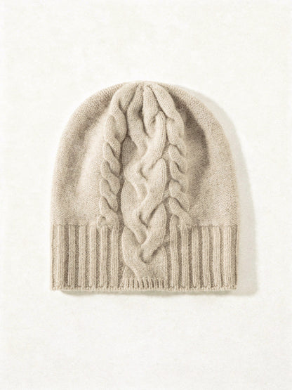 Wheat cashmere hat with a plaited cable panel and fine ribbed band