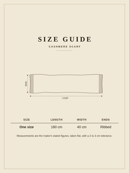 Size guide for the Naunton cashmere scarf, 180 cm long by 40 cm wide with ribbed ends