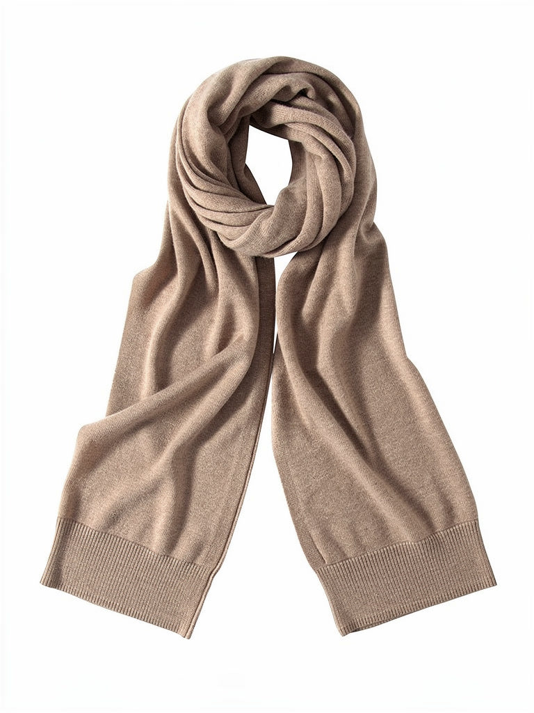 Truffle cashmere scarf laid flat and coiled, showing the ribbed band at each end