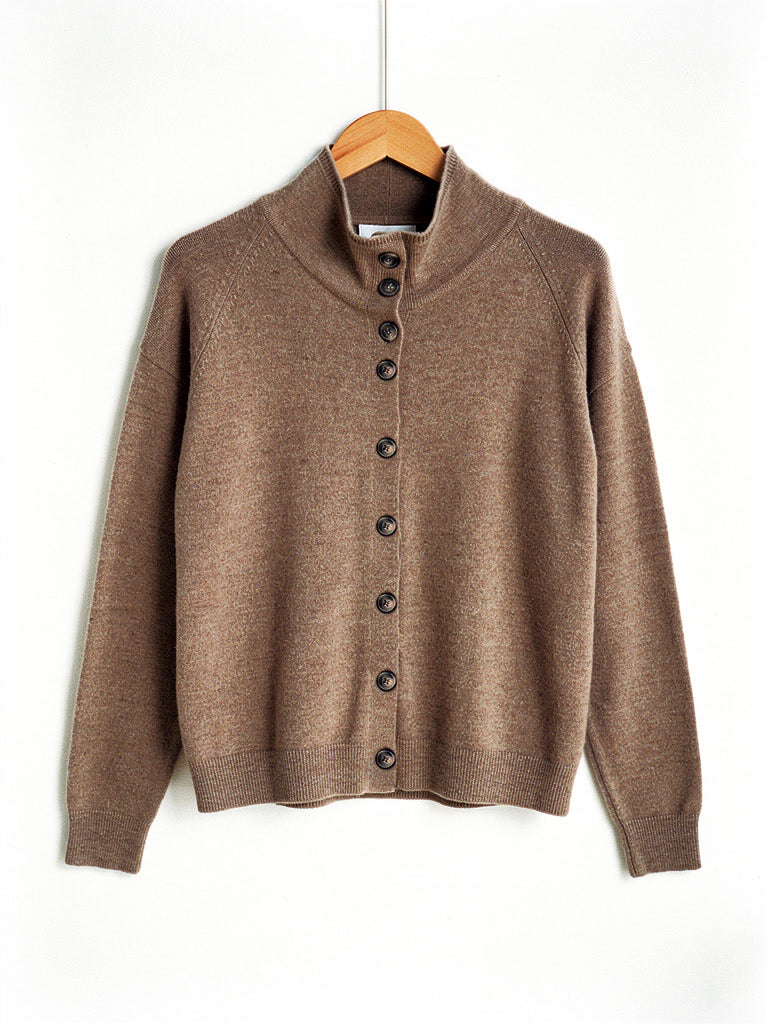 Cashmere stand-collar cardigan on a hanger in Acorn
