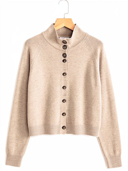 Cashmere stand-collar cardigan on a hanger in Chamois