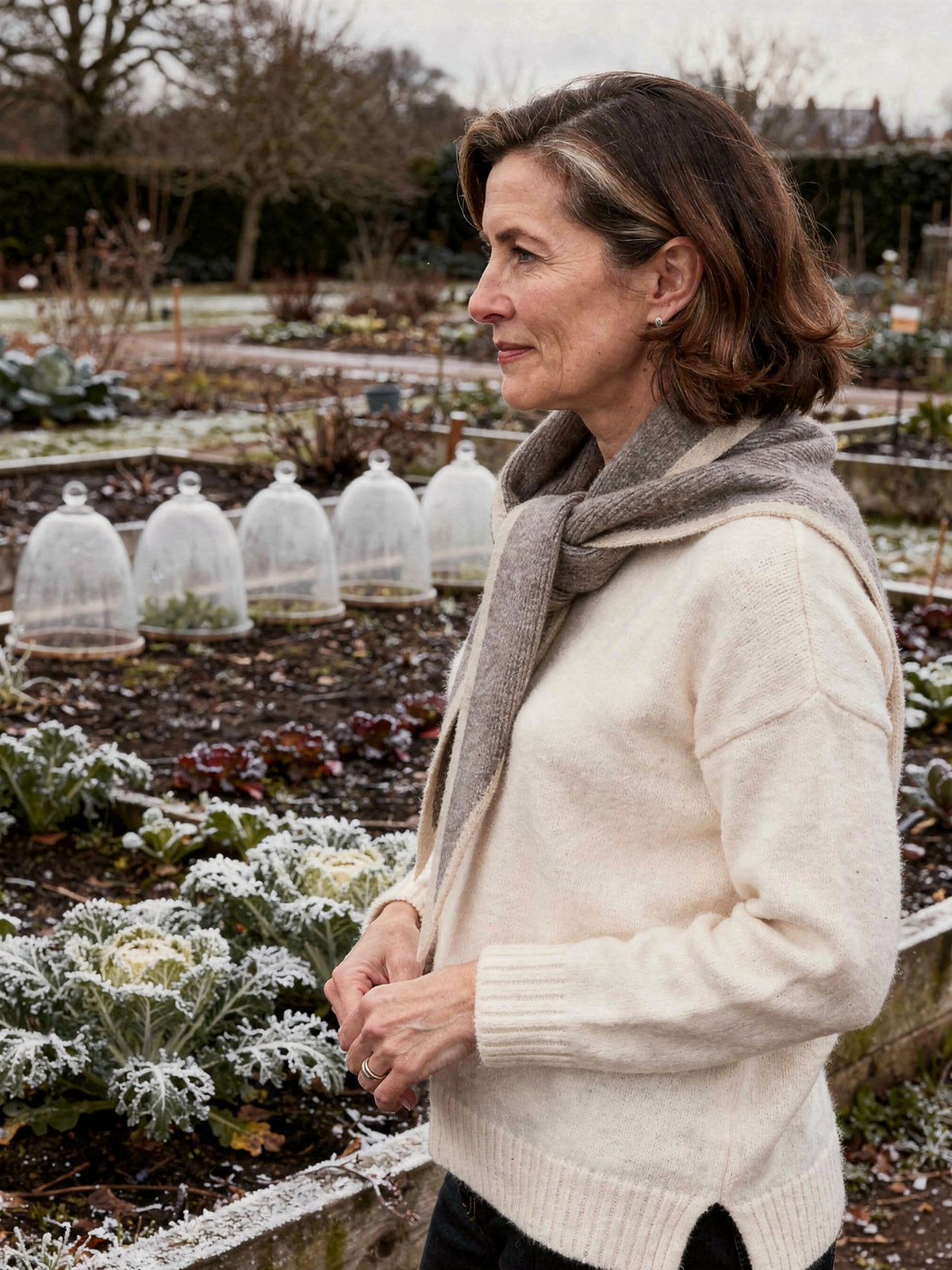 Cashmere triangle scarf in Clay worn close at the throat, seen in profile in a winter garden