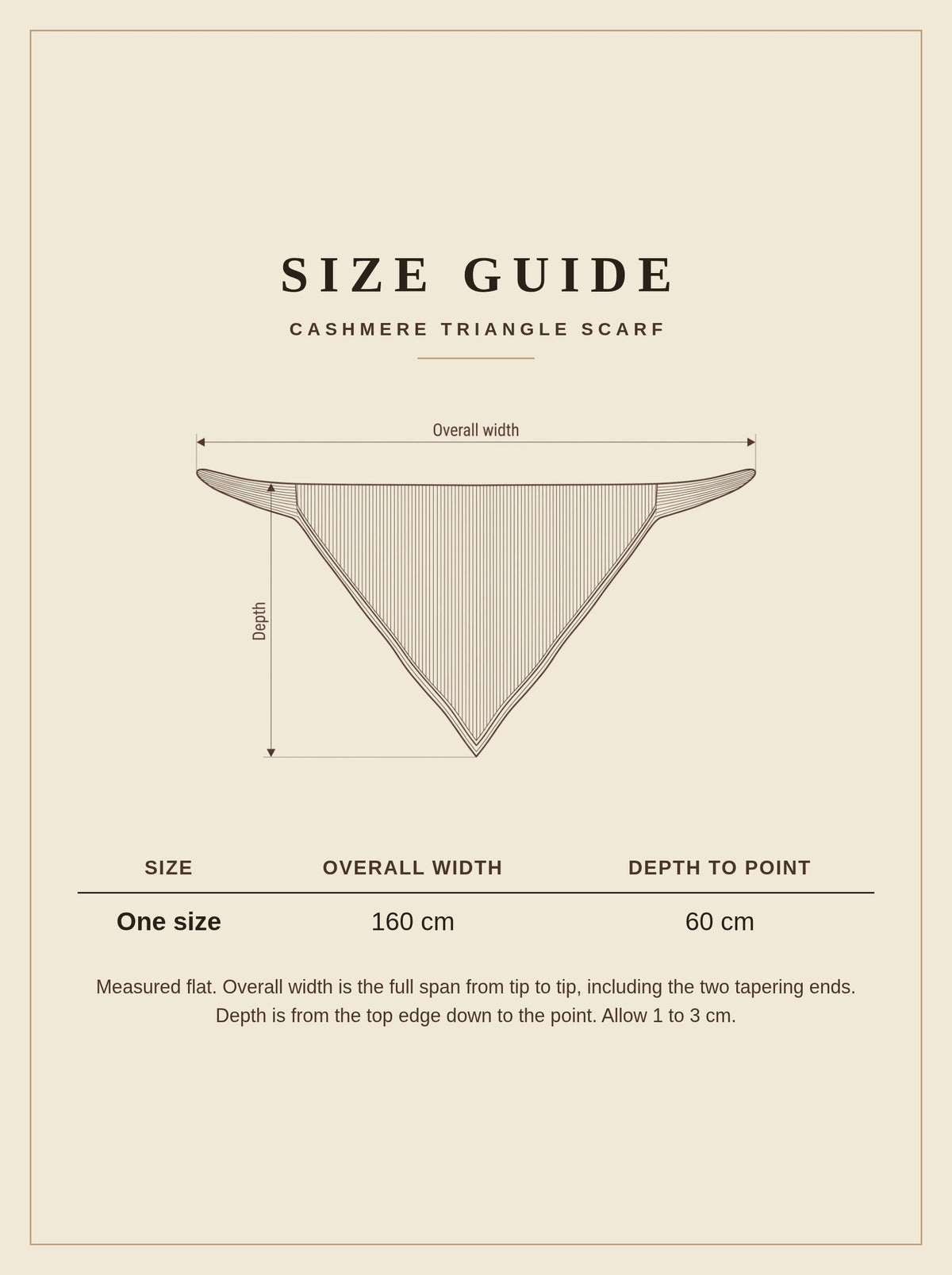 Size guide for the cashmere triangle scarf, overall width 160 cm and depth 60 cm